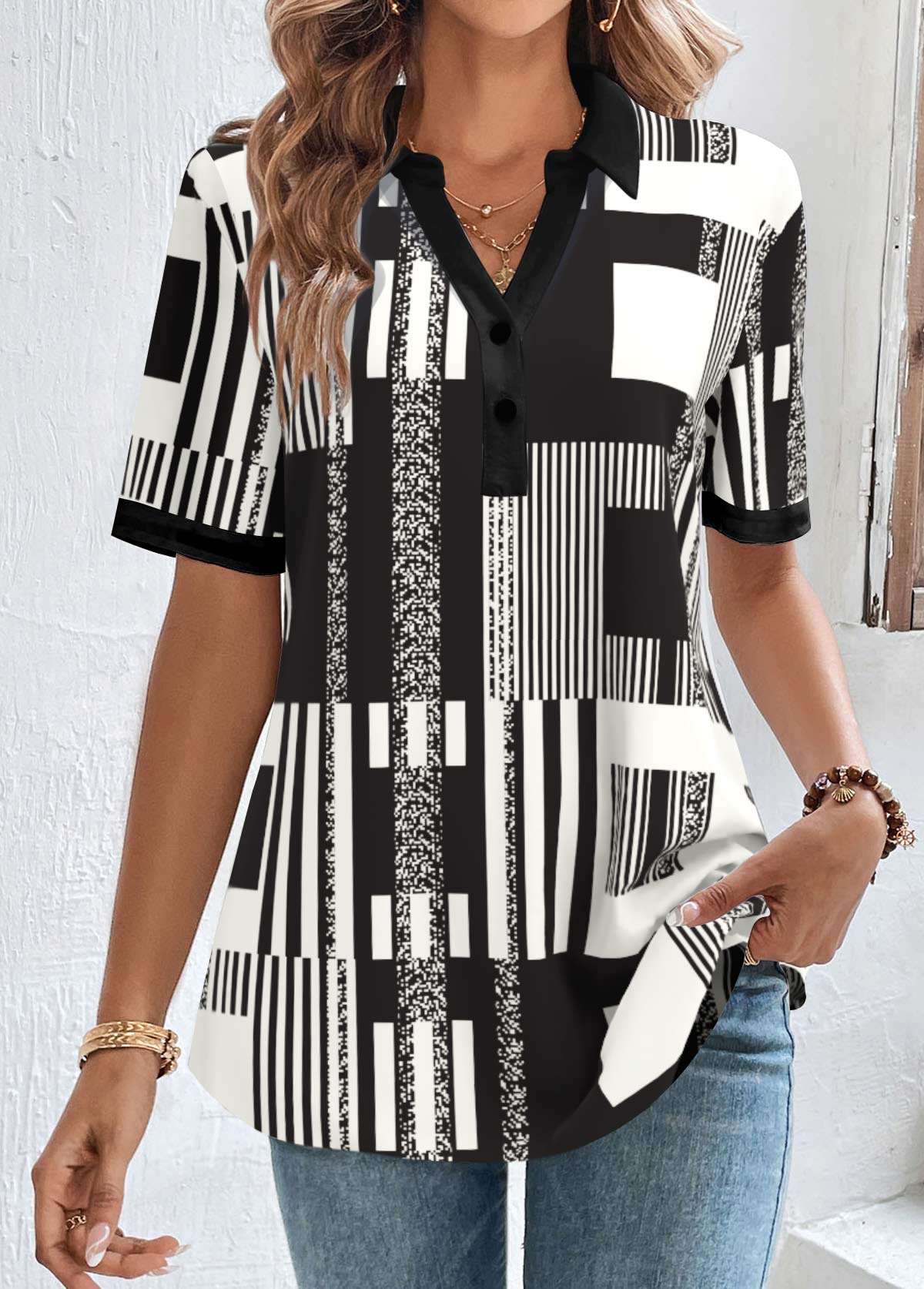 Modlily Black Button Geometric Print Short Sleeve Shirt Collar Blouse - L