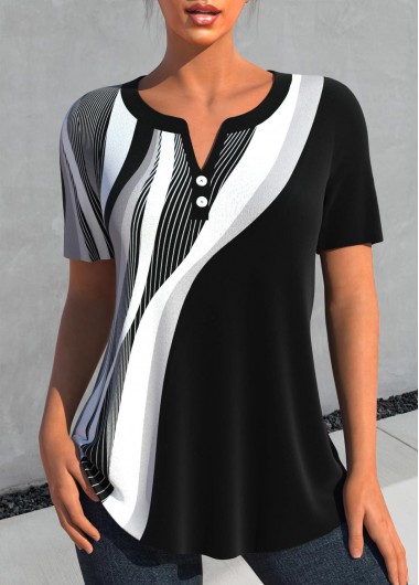 Modlily Black Button Geometric Print Short Sleeve Split Neck Blouse - S