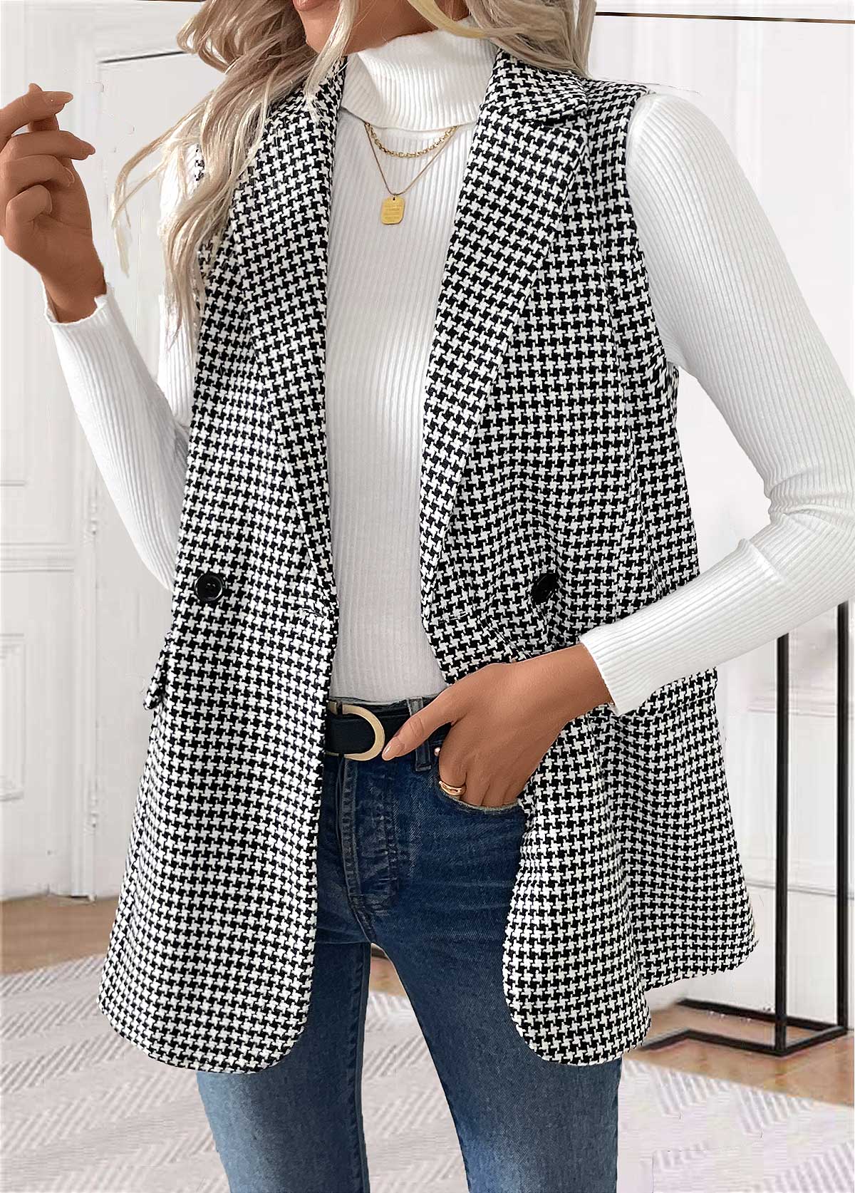Modlily Black Button Geometric Print Sleeveless Turn Down Collar Waistcoat - M
