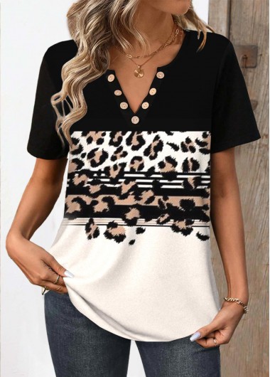 Modlily Black Button Leopard Short Sleeve Split Neck T Shirt - S