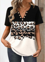 Modlily Black Button Leopard Short Sleeve Split Neck T Shirt - S