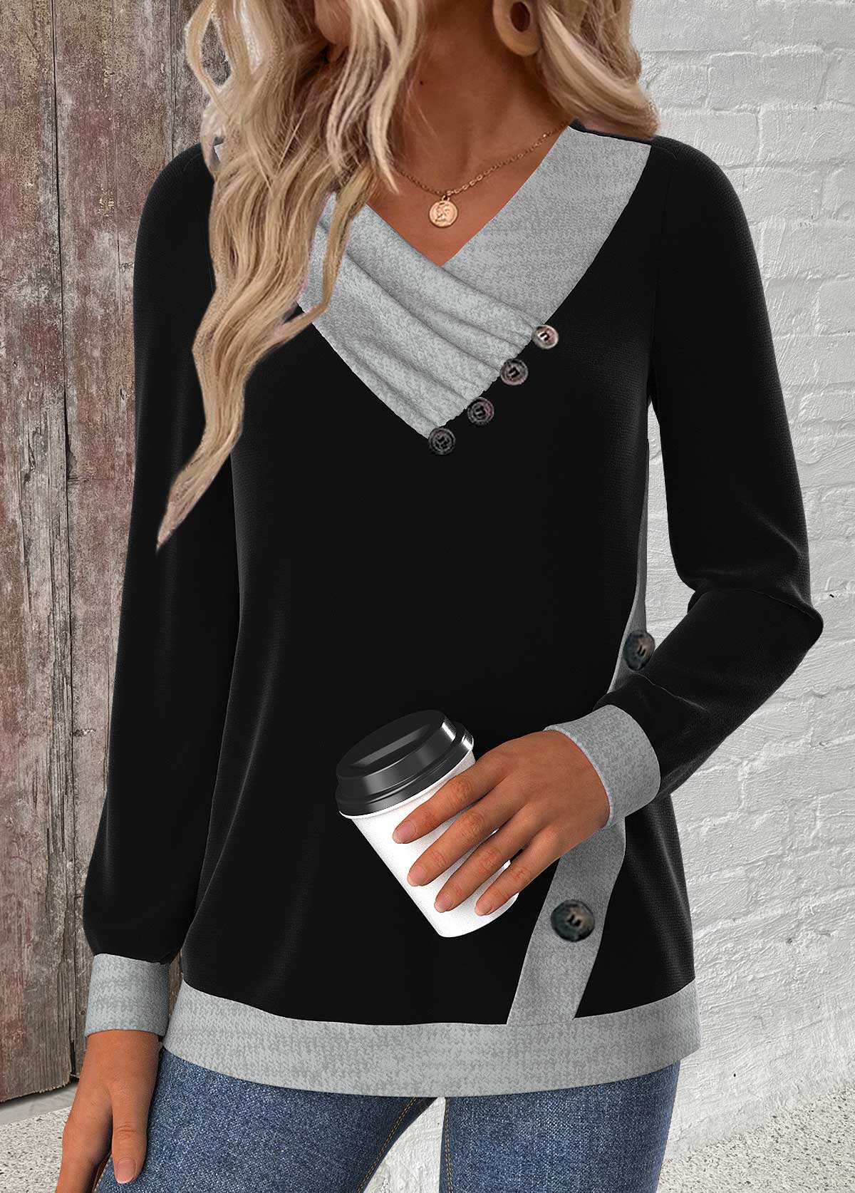 Modlily Black Button Long Sleeve V Neck Sweatshirt - XL