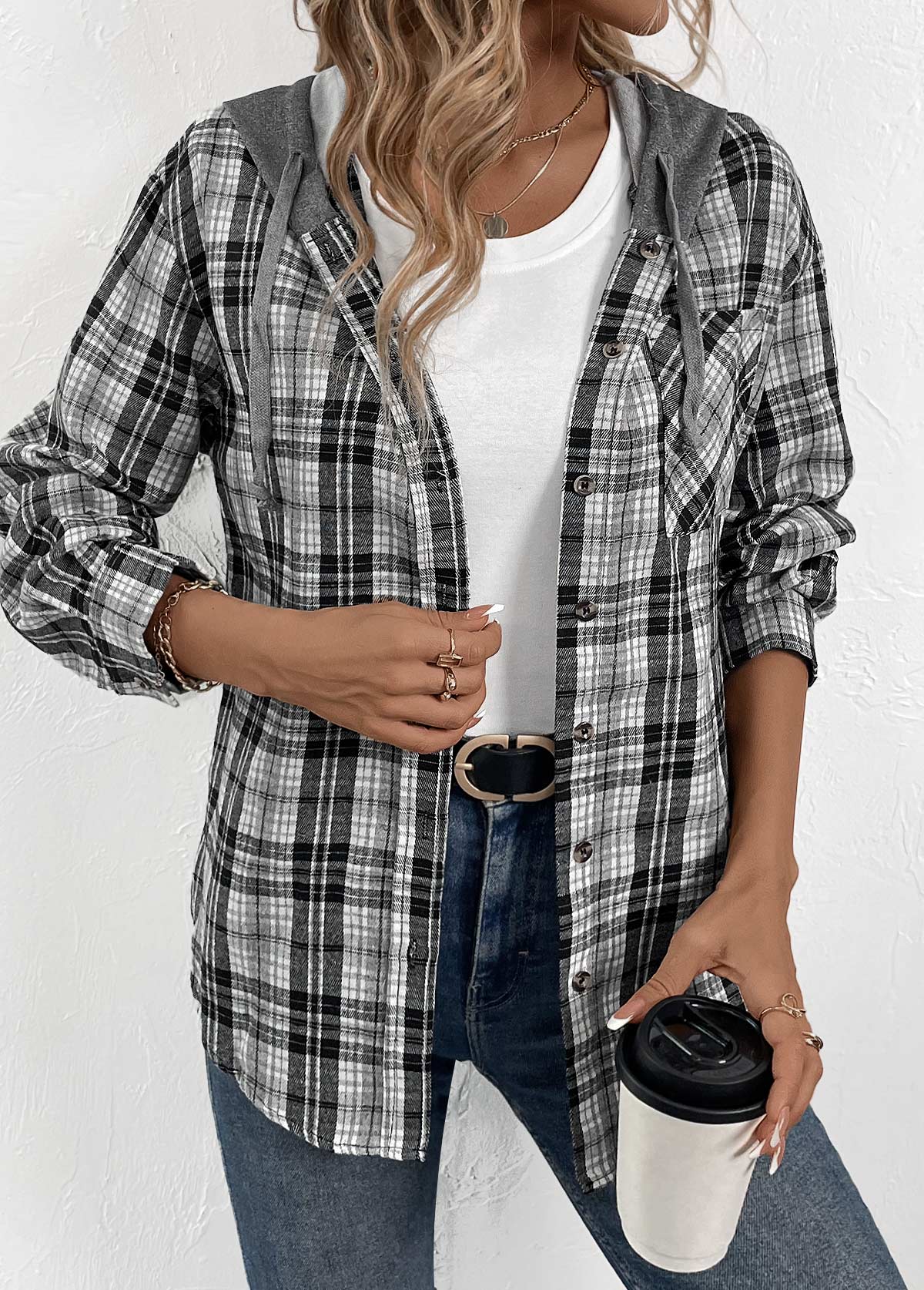Modlily Black Button Plaid Long Sleeve Hoodie - XXL