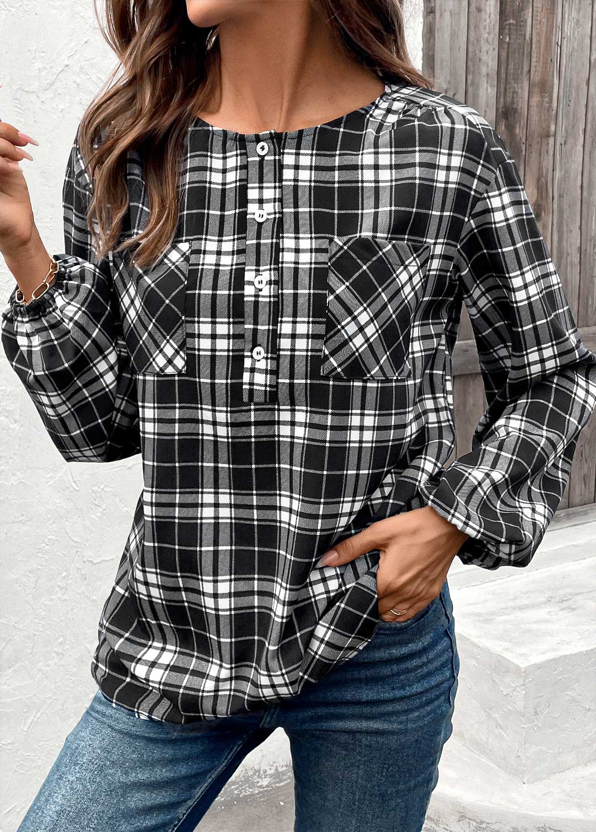Modlily Black Button Plaid Long Sleeve Round Neck Blouse - M