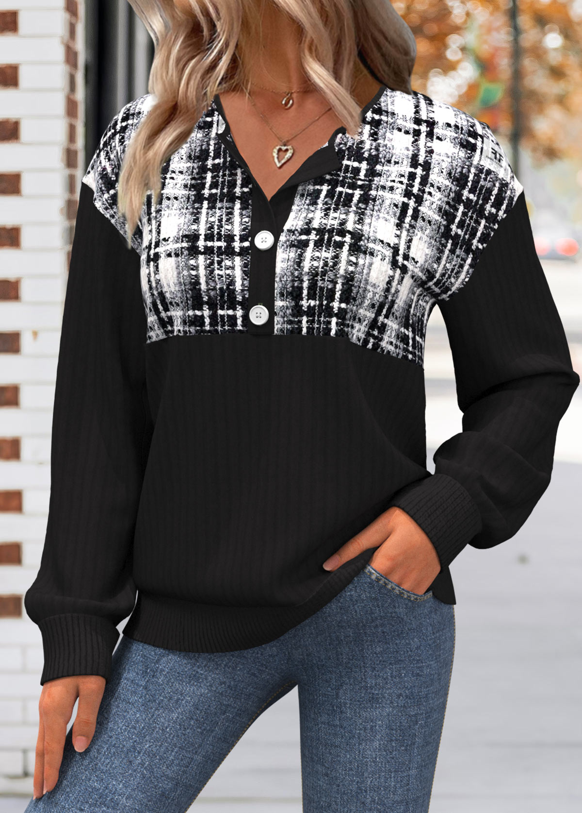 Modlily Black Button Plaid Long Sleeve Split Neck Sweatshirt - M