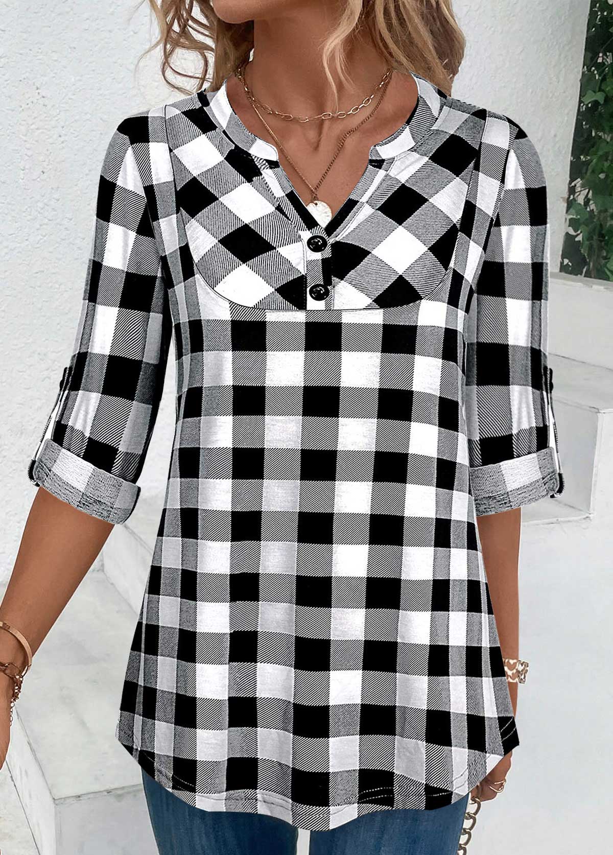 Modlily Black Button Plaid Three Quarter Length Sleeve Blouse - XL