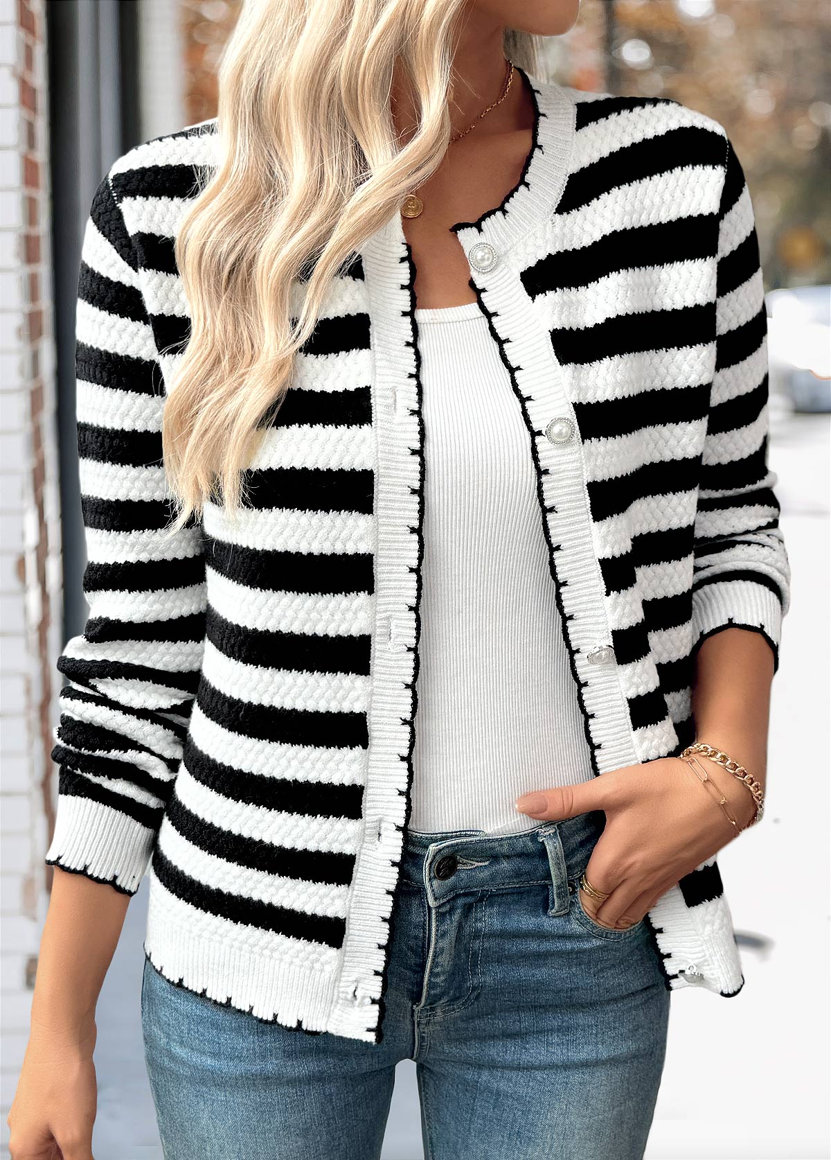 Modlily Black Button Striped Long Sleeve Cardigan - L