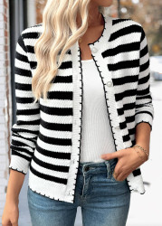 Modlily Black Button Striped Long Sleeve Cardigan - L