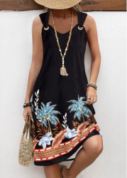 Modlily Black Circular Ring Leaf Print A Line Sleeveless Dress - XXL