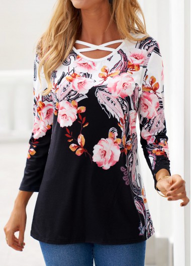 Modlily Black Criss Cross Floral Print T Shirt - M