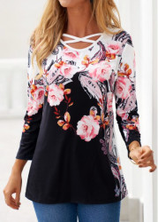 Modlily Black Criss Cross Floral Print T Shirt - M