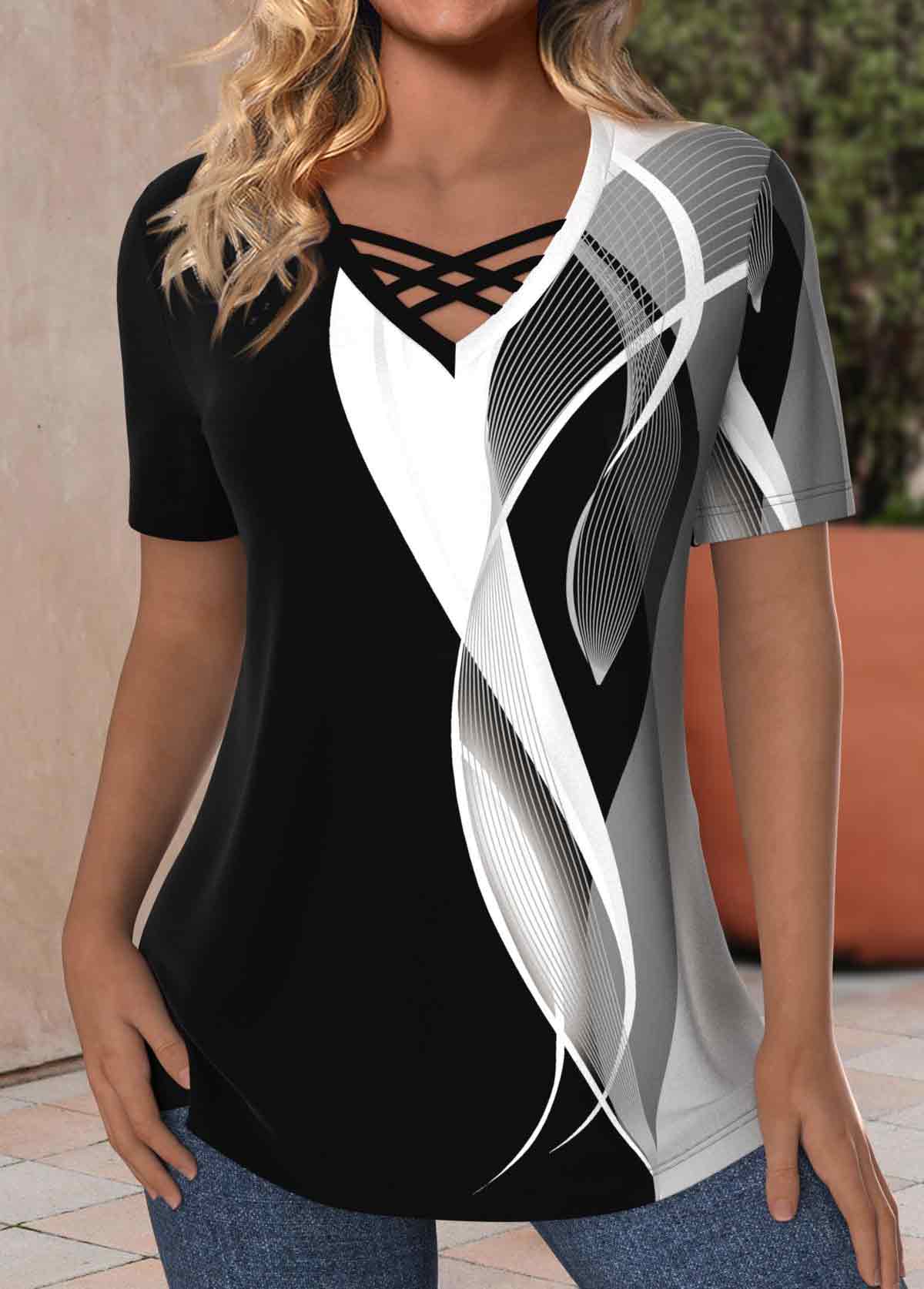 Modlily Black Criss Cross Geometric Print Short Sleeve T Shirt - S
