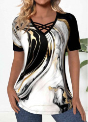 Modlily Black Criss Cross Marble Print Short Sleeve T Shirt - M