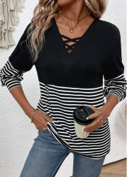 Modlily Black Criss Cross Striped Long Sleeve T Shirt - M