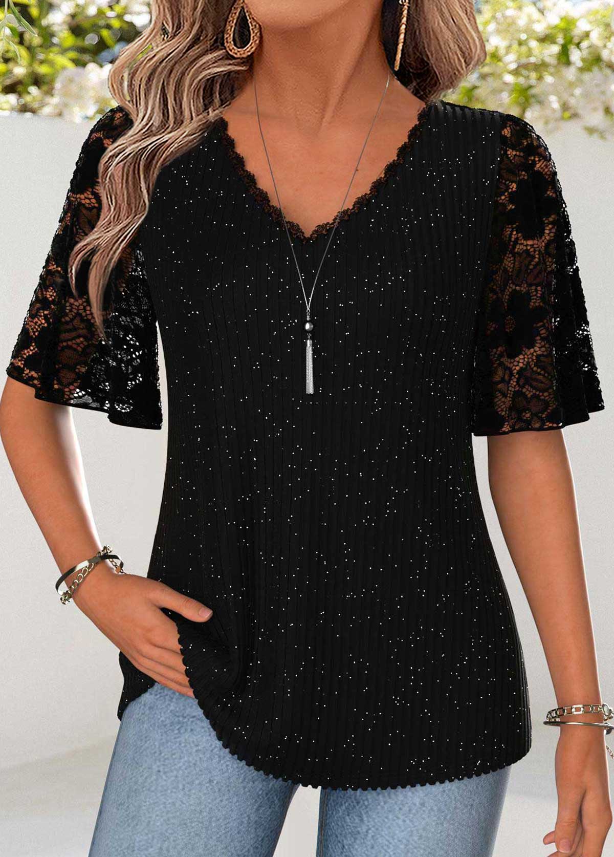 Modlily Black Curved Hem Half Sleeve V Neck T Shirt - M