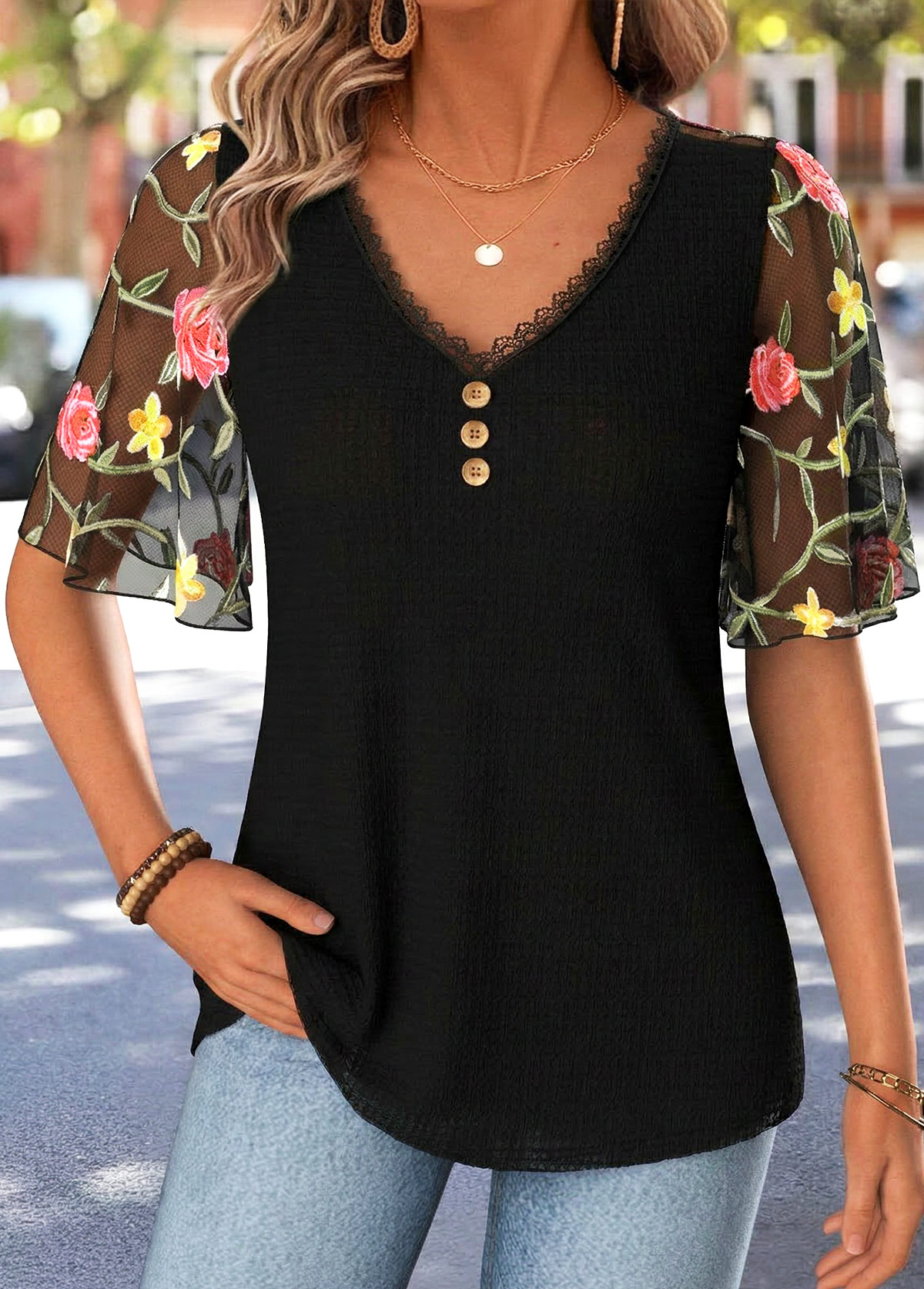 Modlily Black Curved Hem Half Sleeve V Neck T Shirt - M