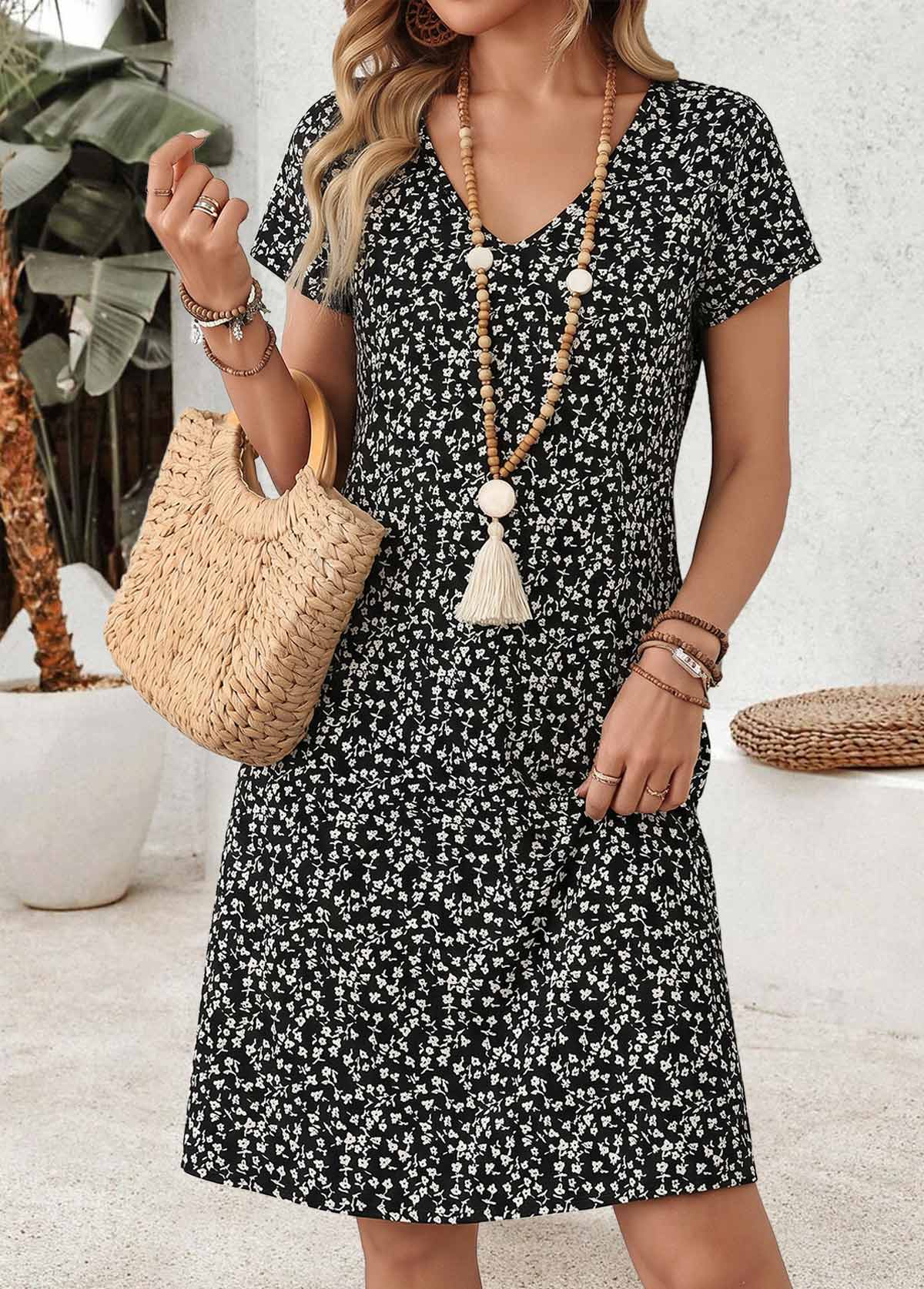 Modlily Black Ditsy Floral Print Short Tummy Coverage Dress - S