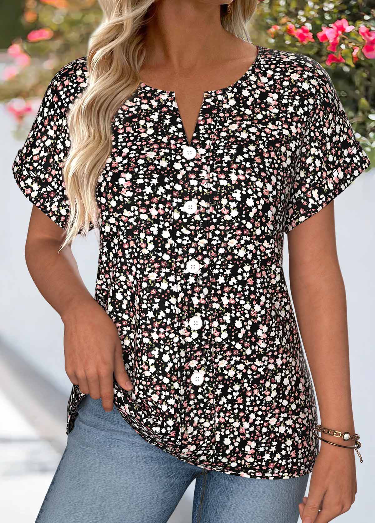 Modlily Black Ditsy Floral Print Tummy Coverage Short Sleeve Blouse - L