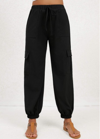 Modlily Black Double Side Pockets Jogger Elastic Waist Pants - M