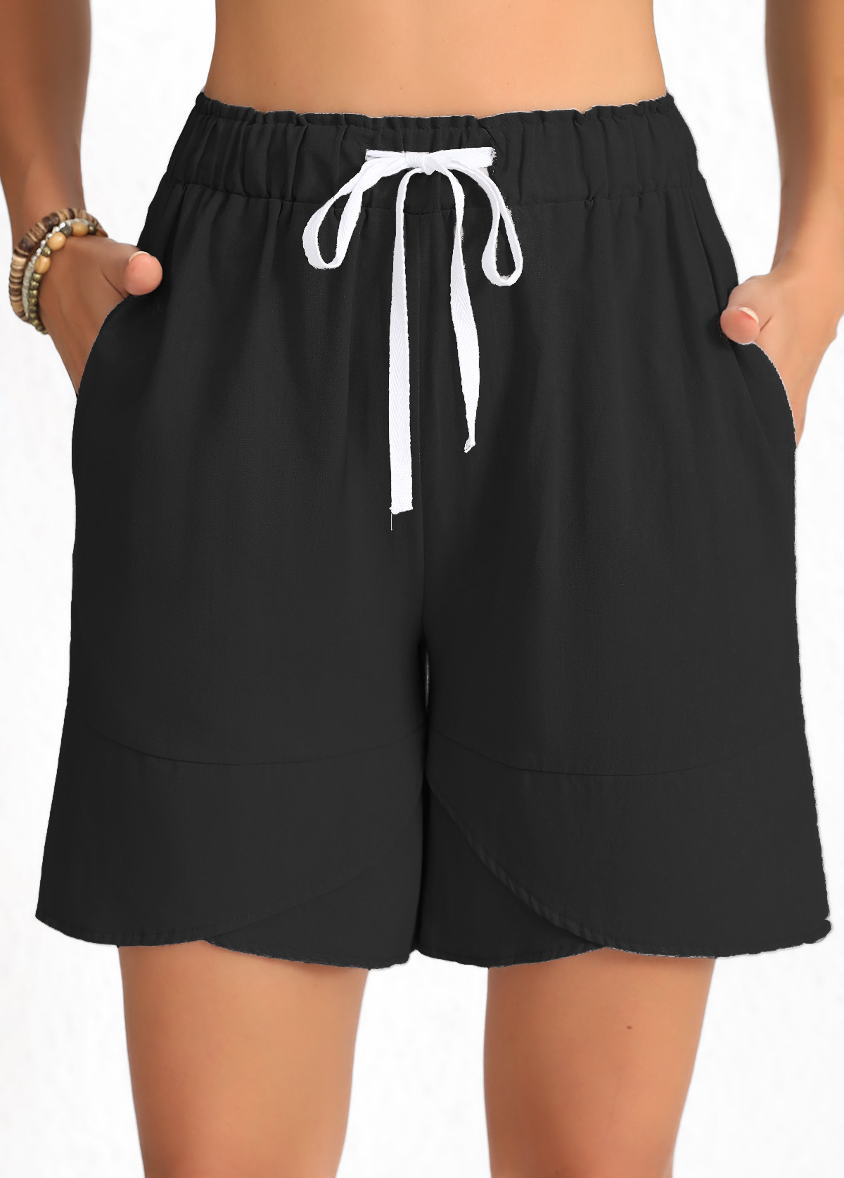 Modlily Black Drawstring Elastic Waist High Waisted Shorts - 2XL