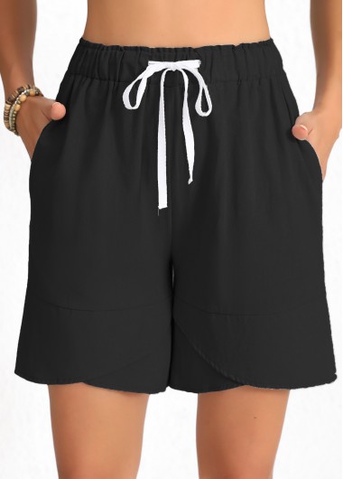 Modlily Black Drawstring Elastic Waist High Waisted Shorts - L