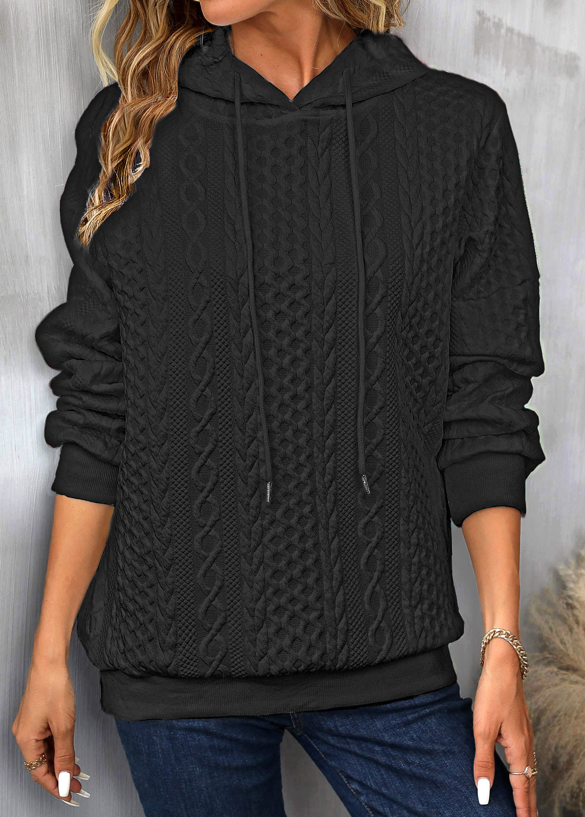 Modlily Black Drawstring Long Sleeve Twisted Hoodie - 2XL