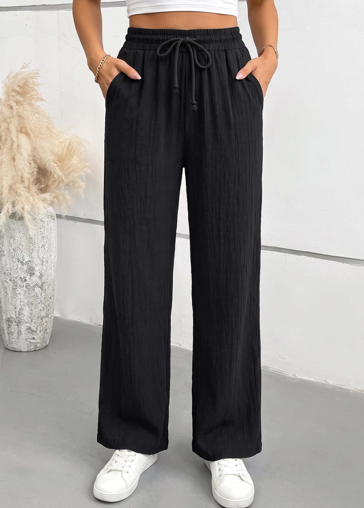 Modlily Black Elastic Waist High Waisted Ankle Length Pants - S
