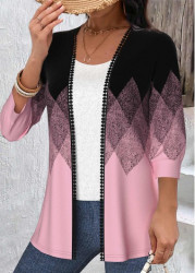 Modlily Black Embroidery Geometric Print 3/4 Sleeve Light Cardigan - M