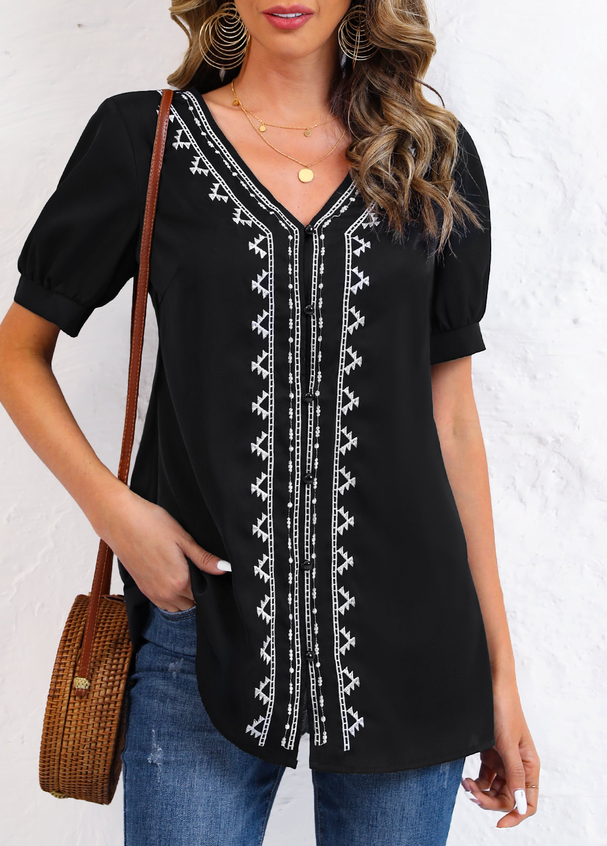 Modlily Black Embroidery Tribal Print Long Sleeve V Neck Blouse - S