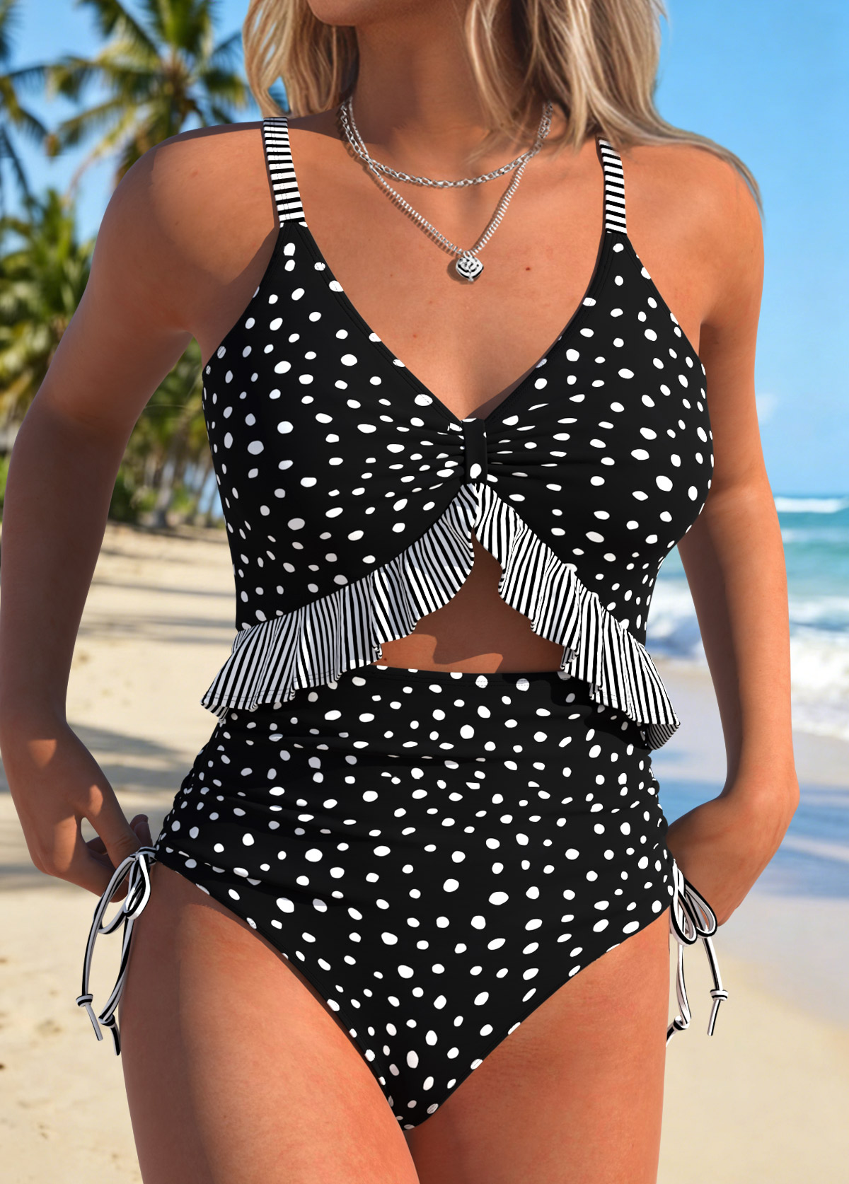 Modlily Black Fake 2in1 Polka Dot One Piece Swimwear - M