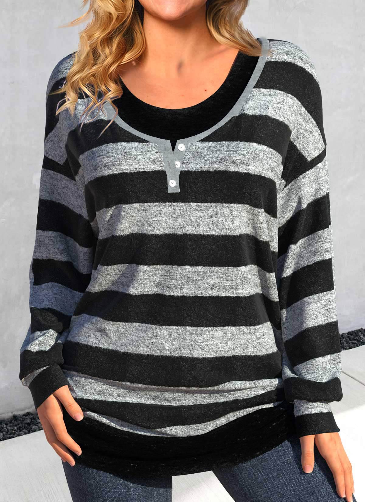 Modlily Black Fake 2in1 Striped Long Sleeve T Shirt - S