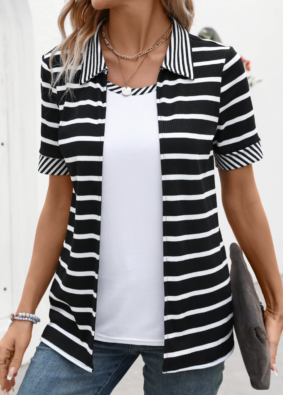 Modlily Black Fake 2in1 Striped Short Sleeve T Shirt - S