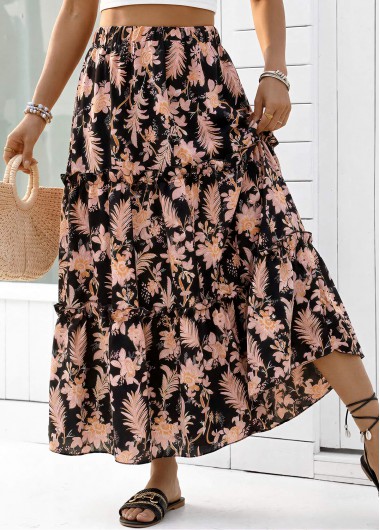 Modlily Black Floral Print A Line Elastic Waist Maxi Skirt - XL