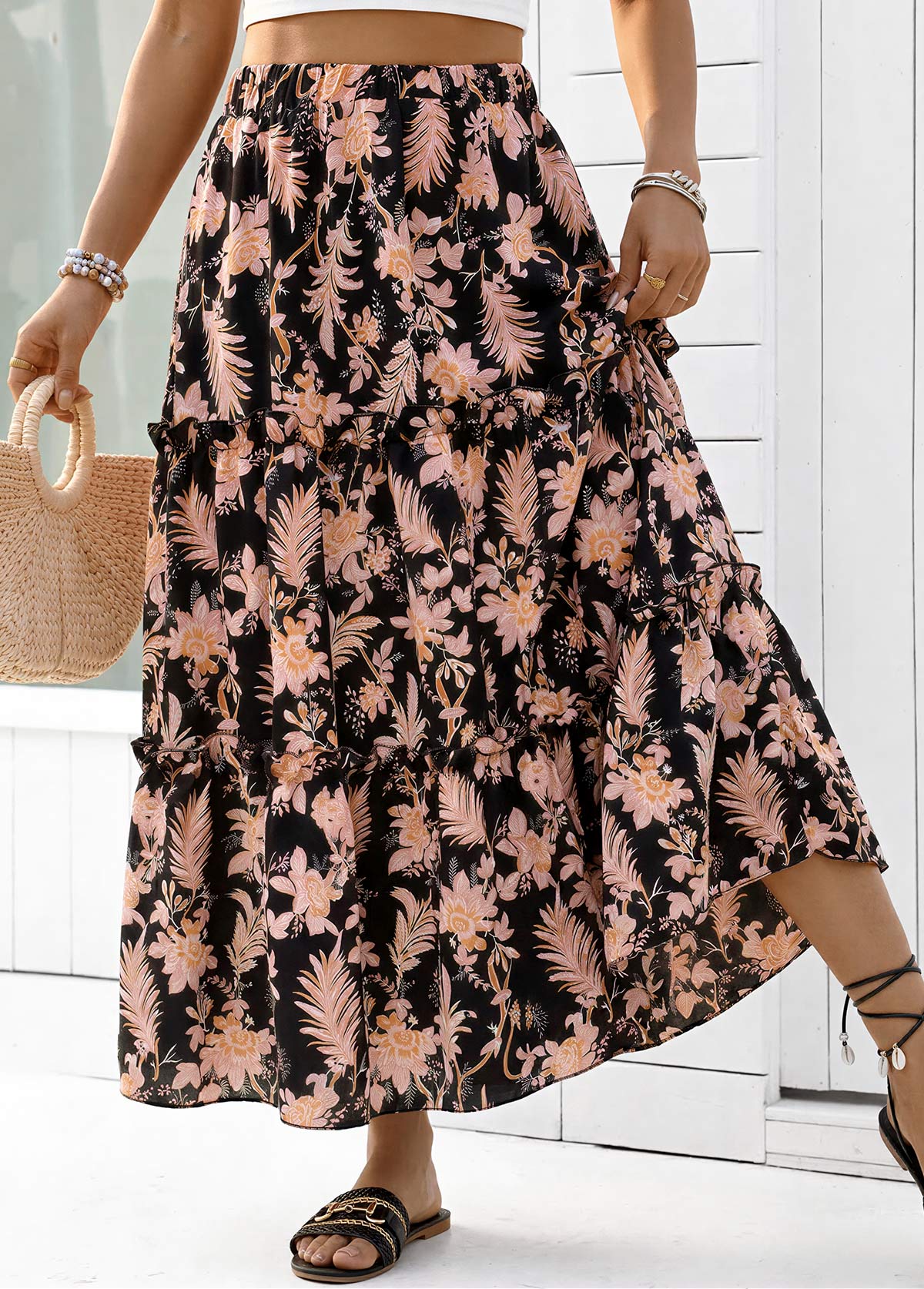 Modlily Black Floral Print A Line Elastic Waist Maxi Skirt - XL