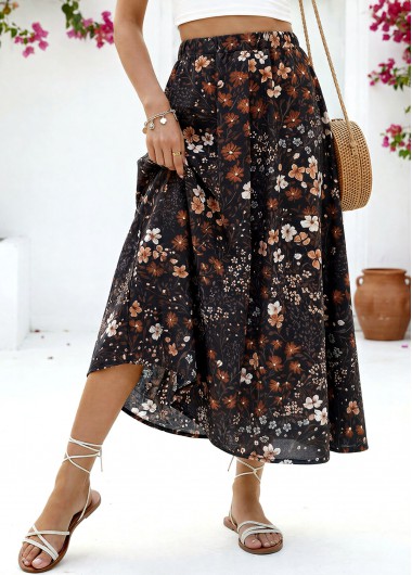 Modlily Black Floral Print A Line Elastic Waist Maxi Skirt - XL