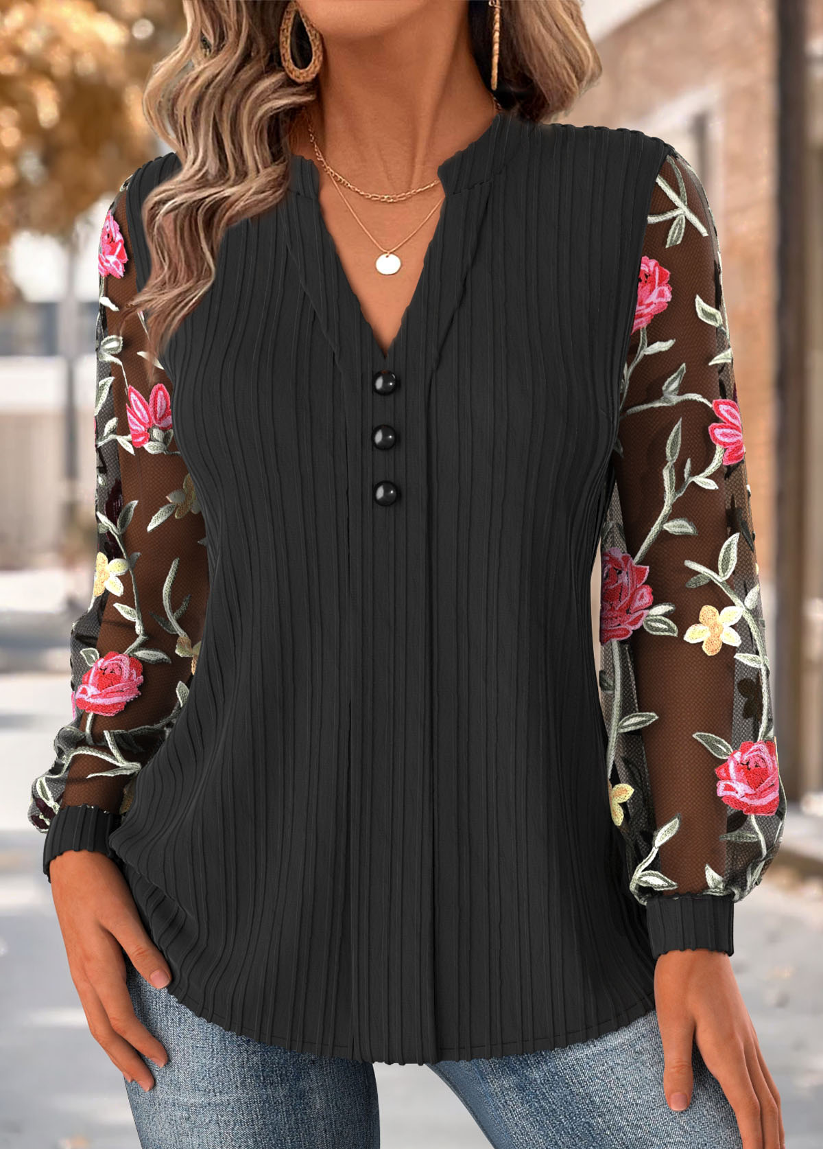 Modlily Black Floral Print Long Sleeve Asymmetrical Neck Blouse - M