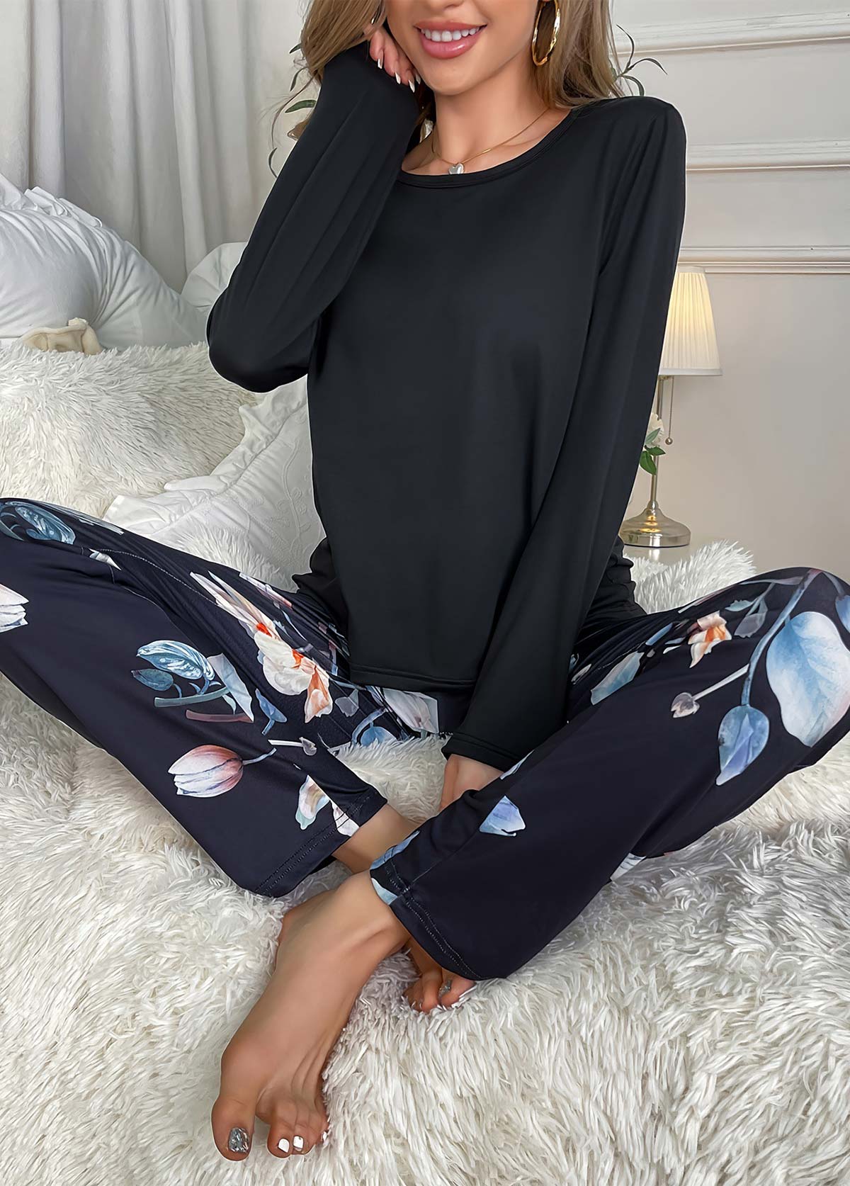 Modlily Black Floral Print Long Sleeve Lounge Top and Pants - S