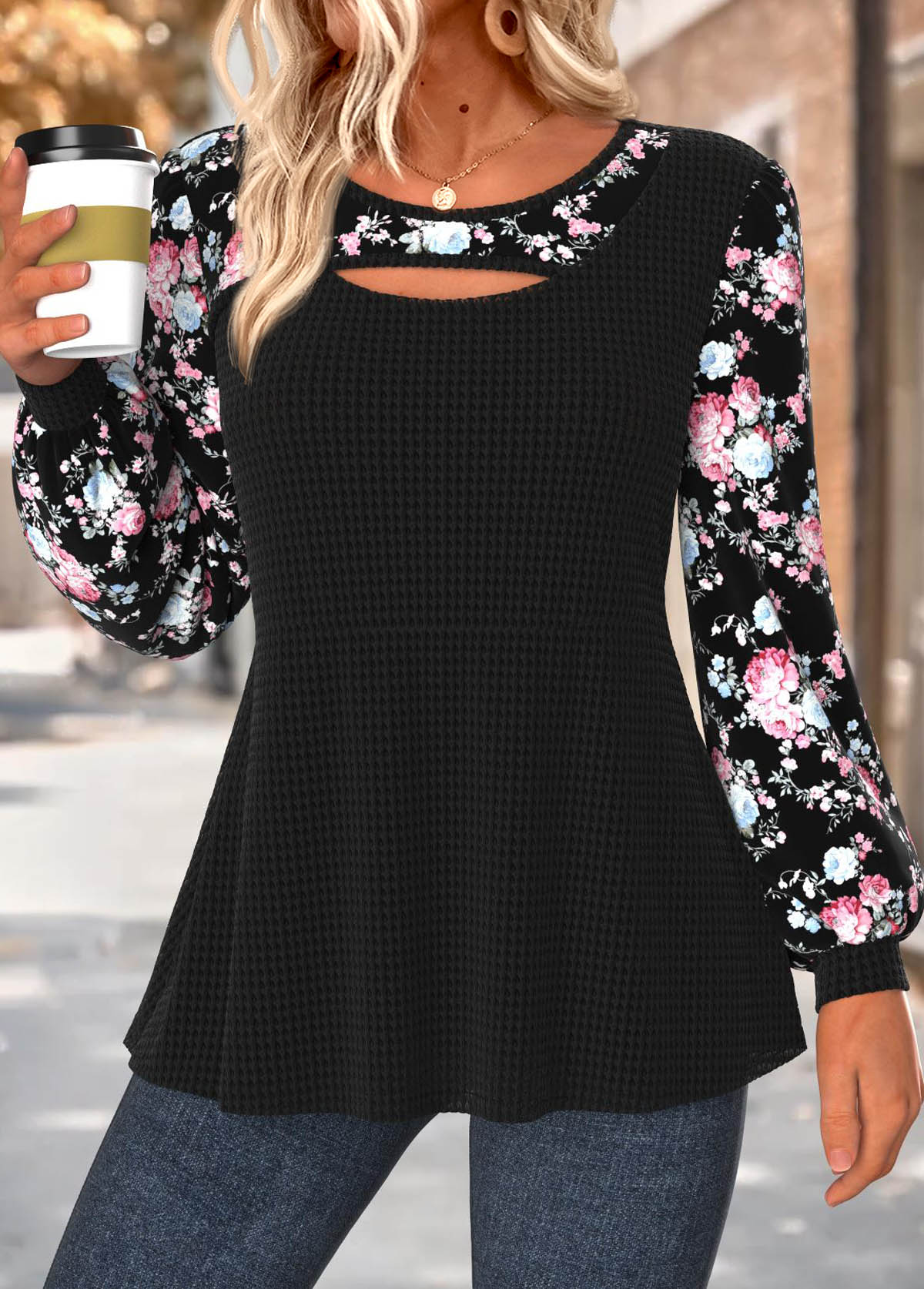 Modlily Black Floral Print Long Sleeve Round Neck T Shirt - S