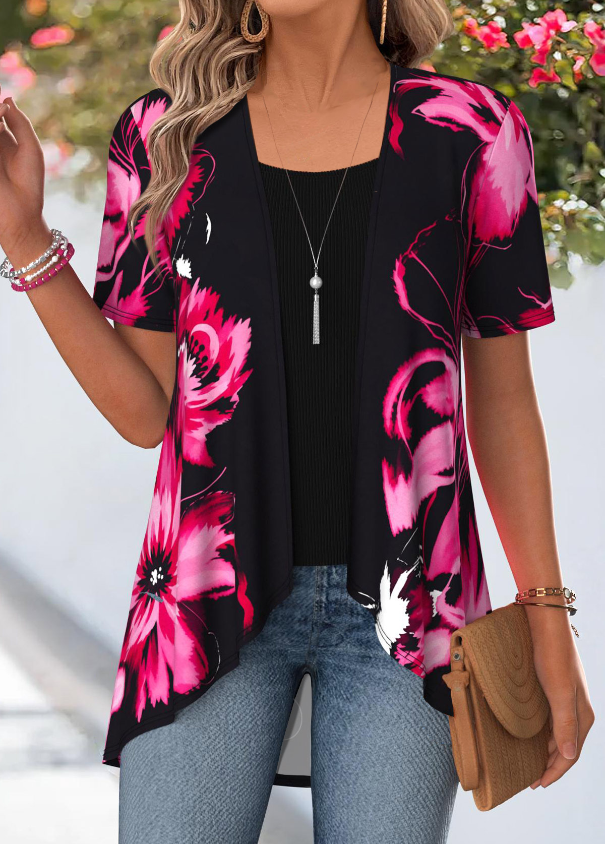 Modlily Black Floral Print Short Sleeve Fake Two Piece Twinset - M
