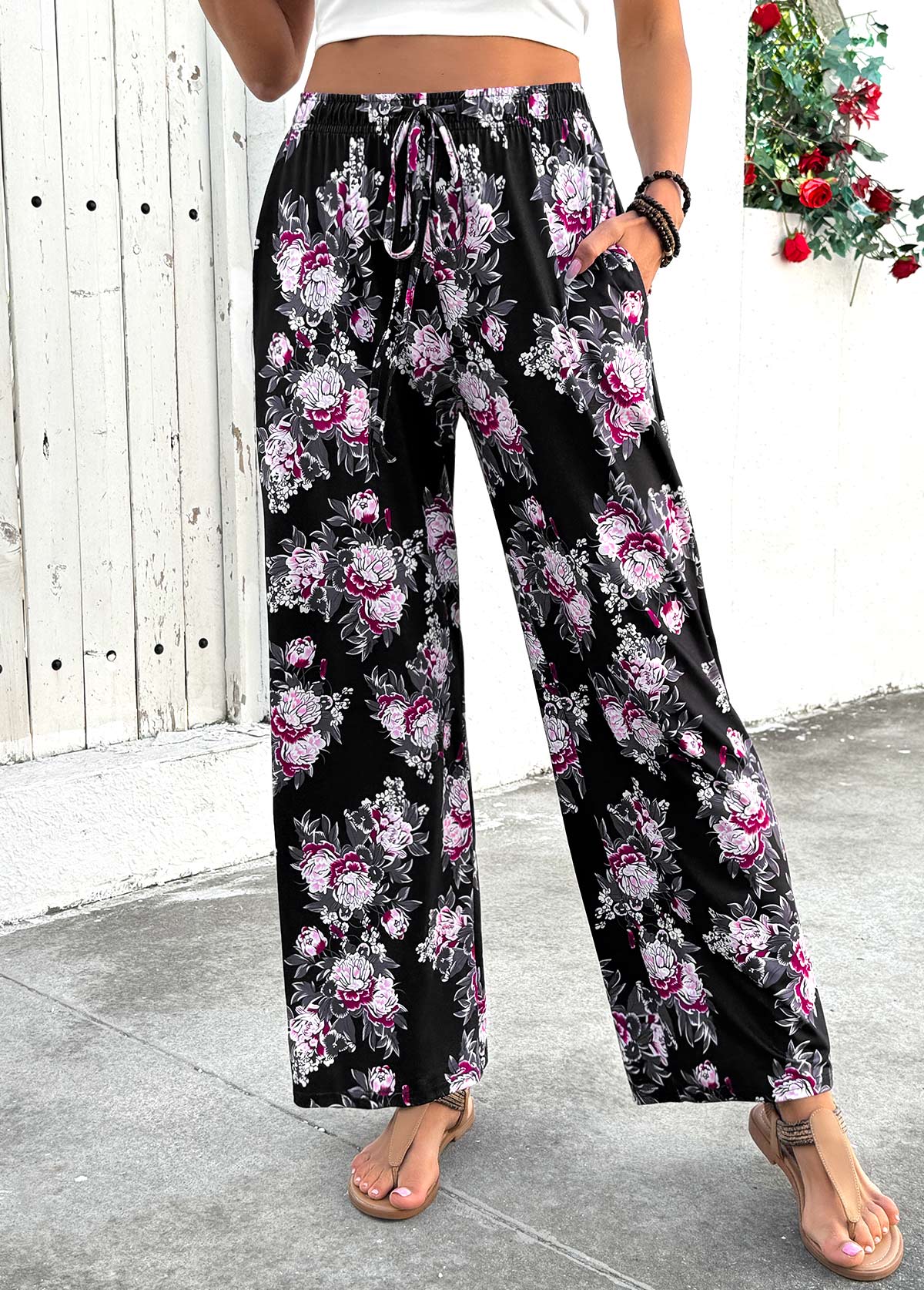 Modlily Black Floral Print Wide Leg Elastic Waist Pants - S