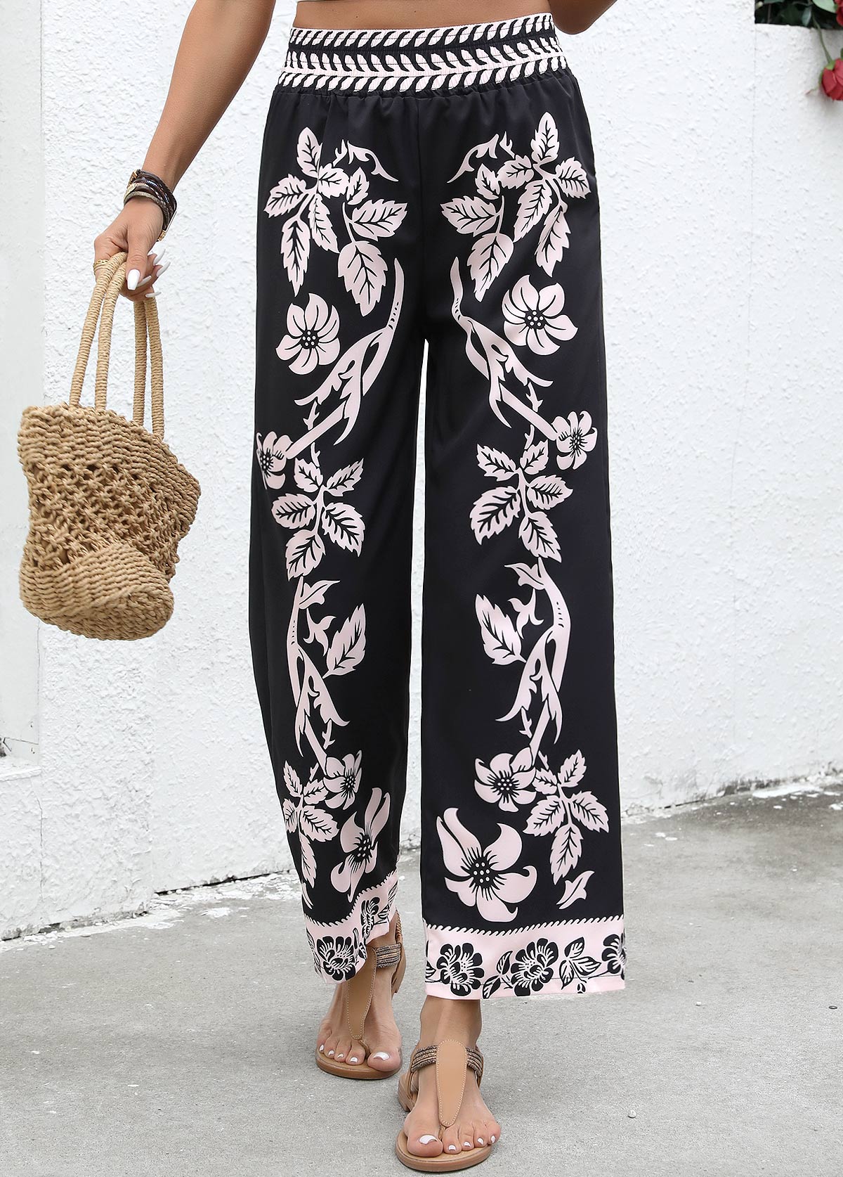 Modlily Black Flowy Plants Print Wide Leg Elastic Waist Pants - S