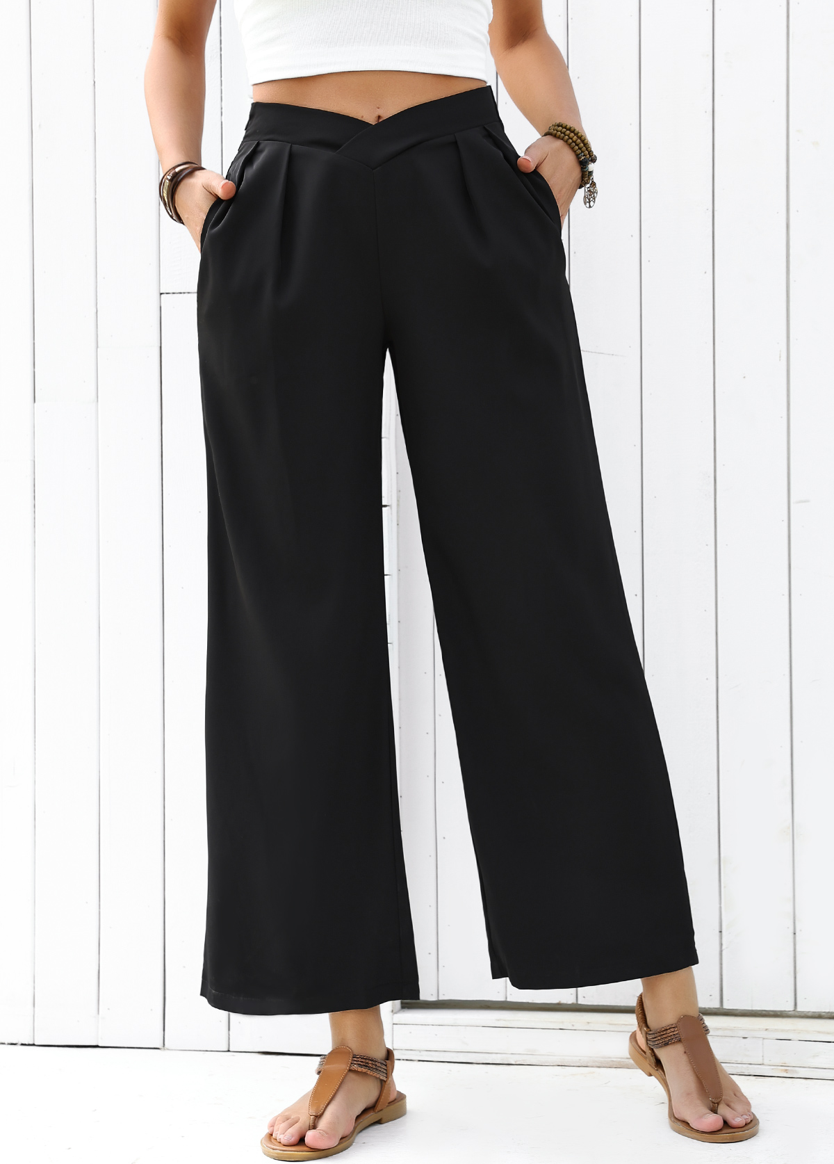 Modlily Black Flowy Wide Leg Elastic Waist High Waisted Pants - S