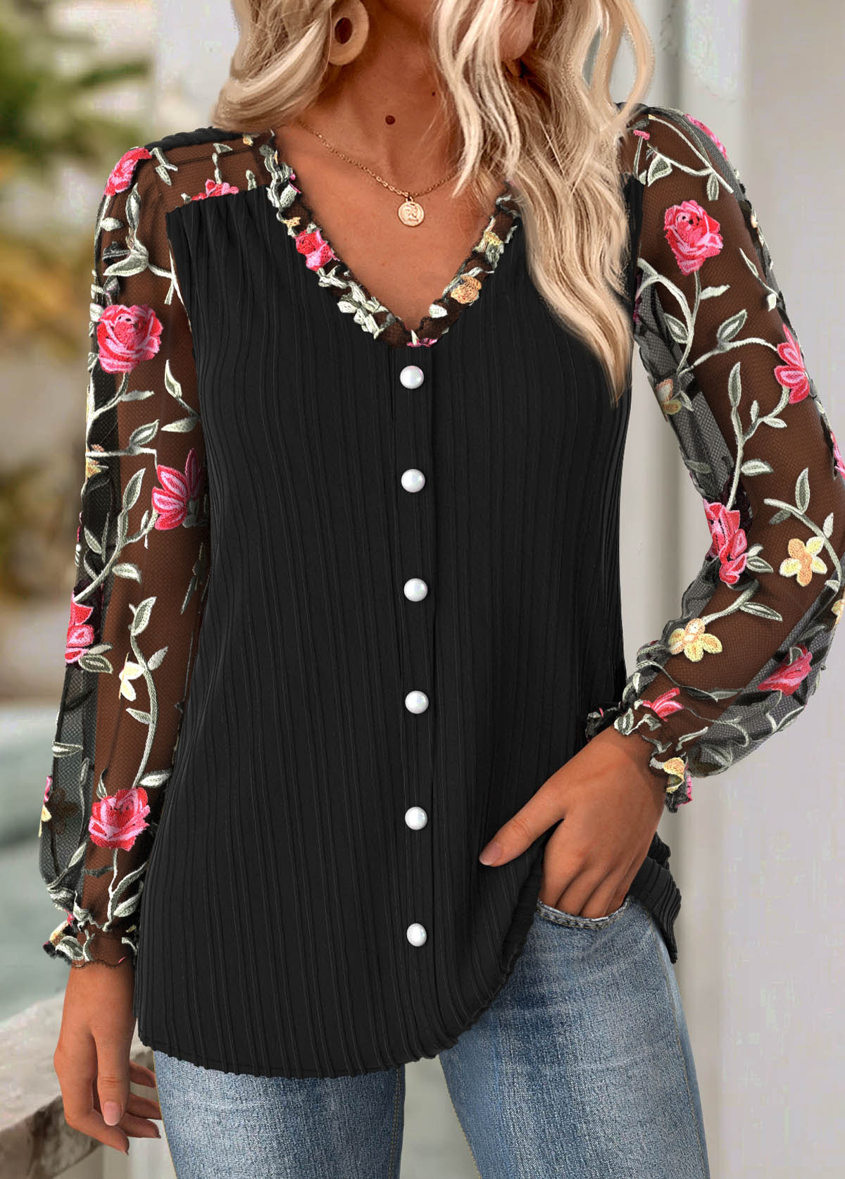 Modlily Black Frill Floral Print Long Sleeve V Neck Blouse - M