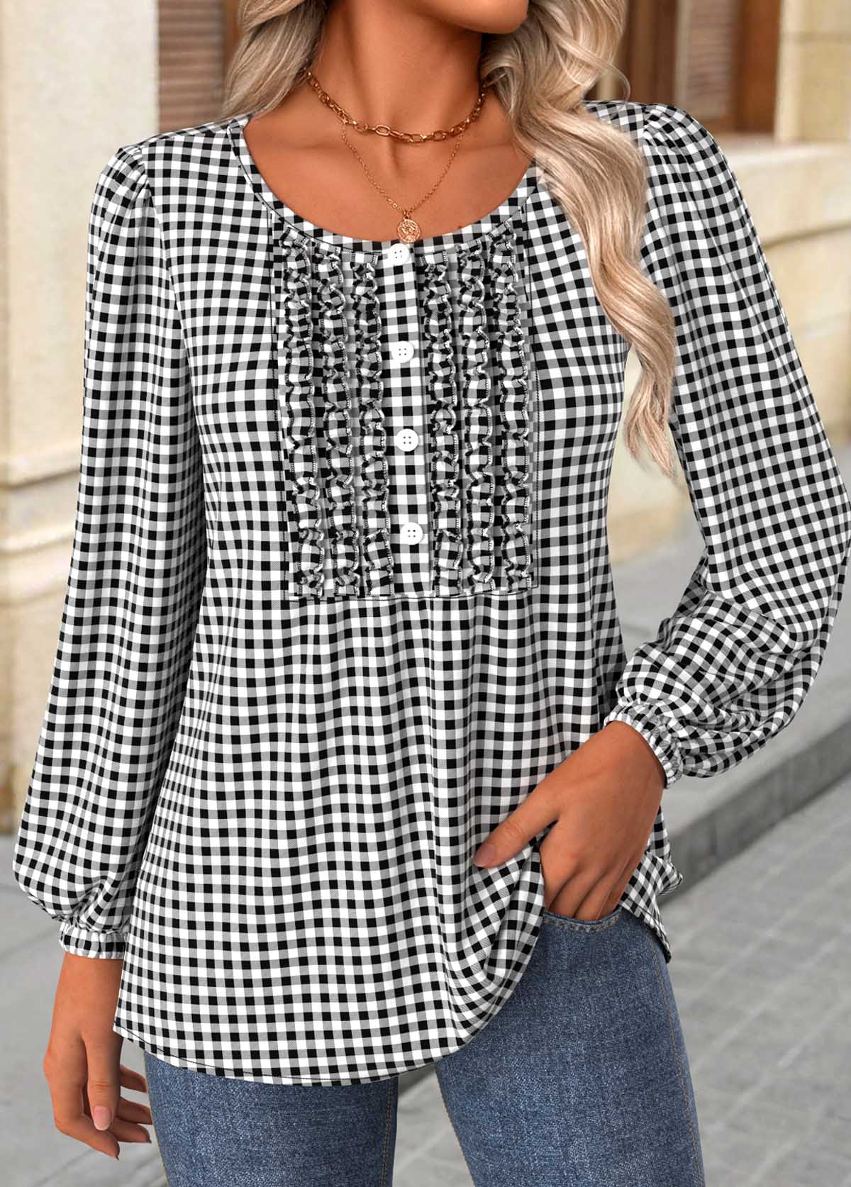 Modlily Black Frill Plaid Long Sleeve Round Neck Blouse - S