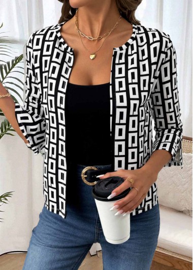 Modlily Black Geometric Print 3/4 Sleeve Coat - S