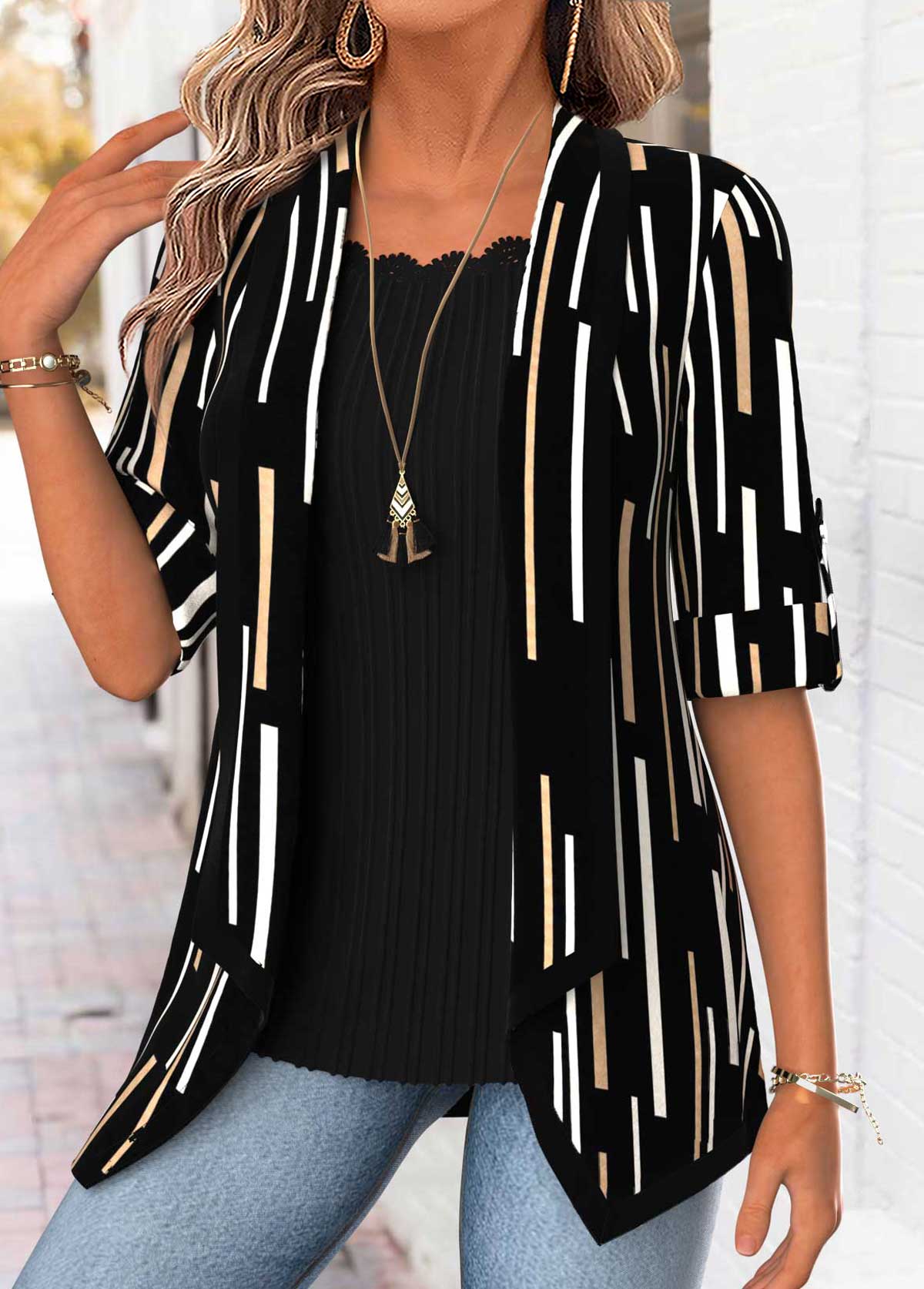 Modlily Black Geometric Print 3/4 Sleeve Fake Two Piece Twinset - M