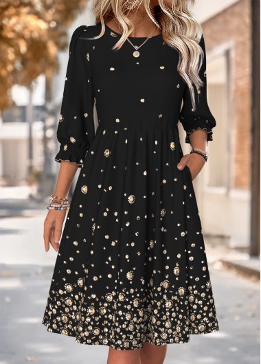 Modlily Black Geometric Print 3/4 Sleeve Round Neck Dress - M