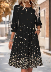 Modlily Black Geometric Print 3/4 Sleeve Round Neck Dress - M