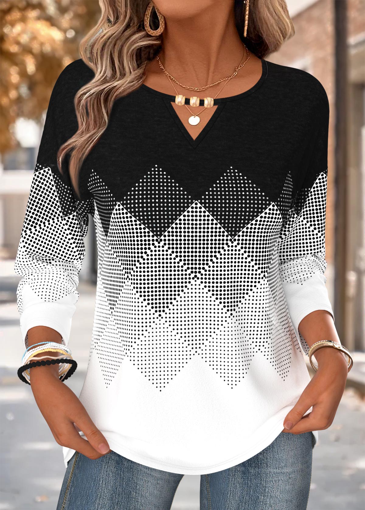Modlily Black Geometric Print Curved Hem Long Sleeve T Shirt - M