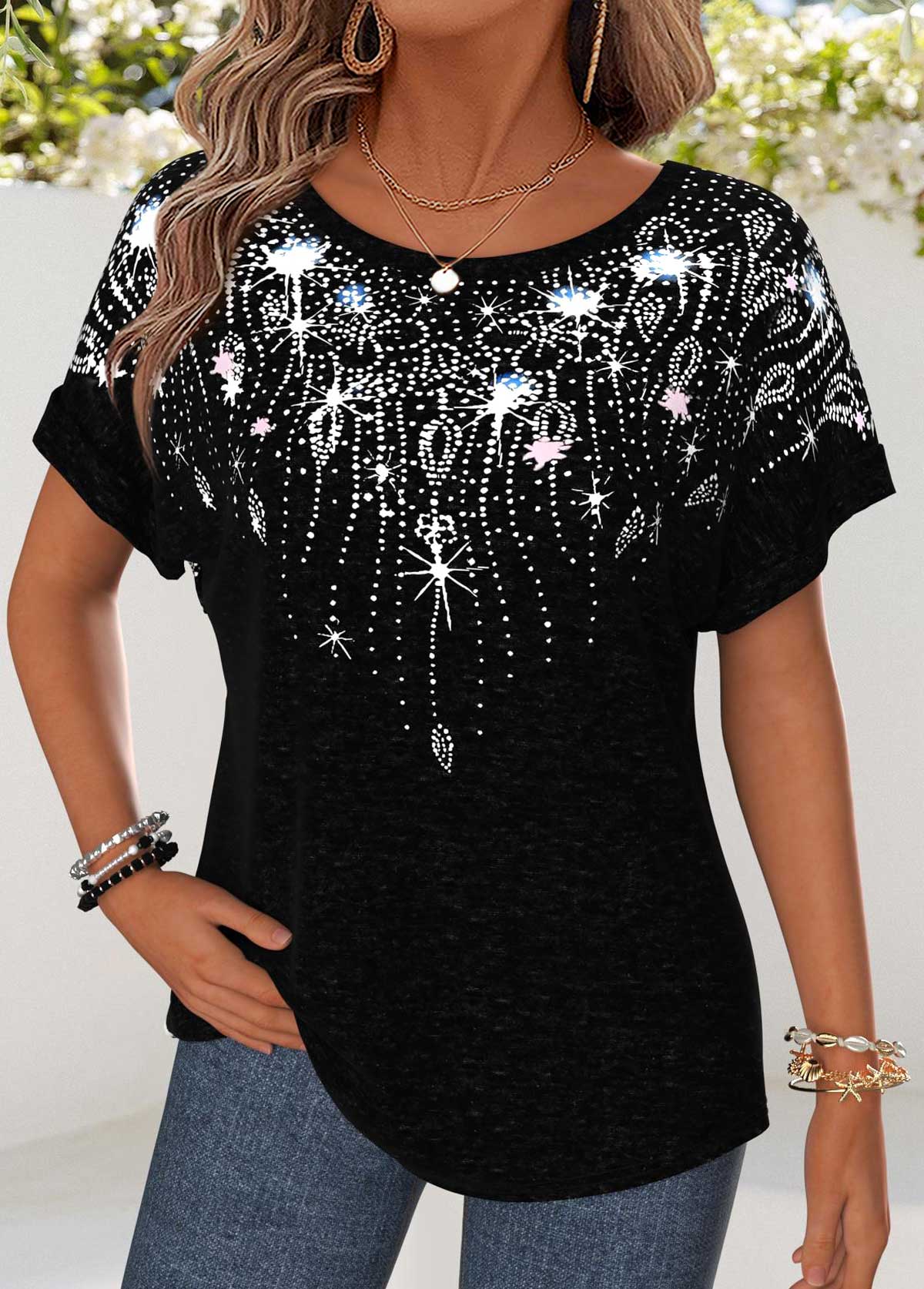 Modlily Black Geometric Print Curved Hem Short Sleeve T Shirt - L